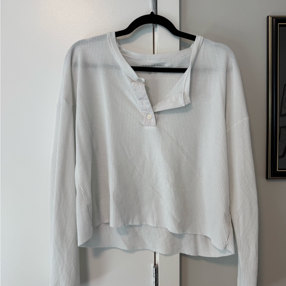 American Eagle Outfitters White Henley Top Cropped